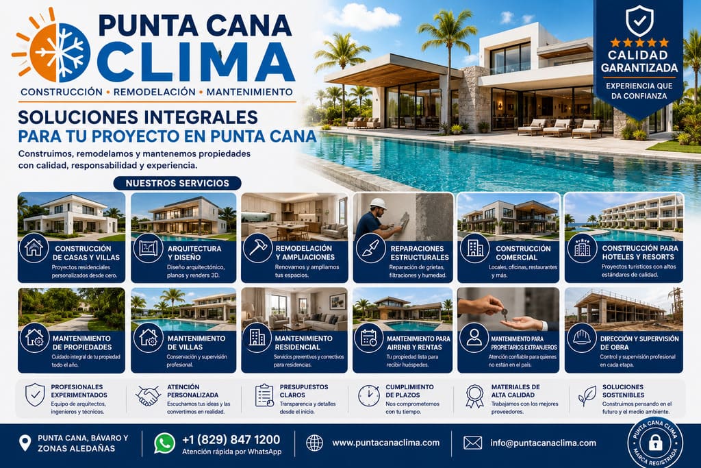 Equipo de construcción trabajando en una obra residencial en Punta Cana, República Dominicana, realizada por una empresa constructora especializada en arquitectura y construcción de villas y casas.